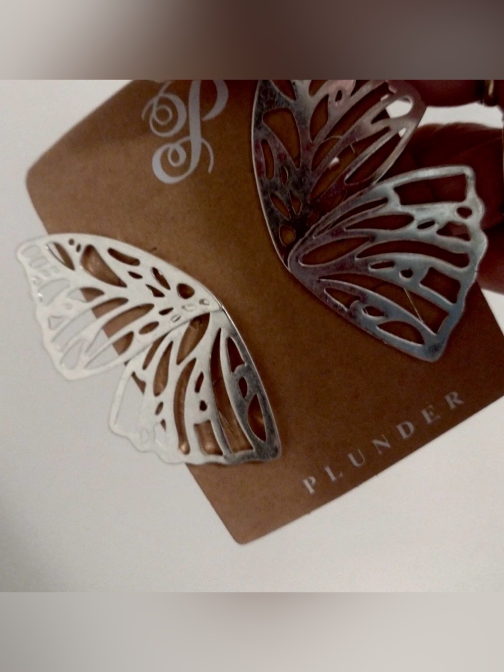 Plunder "Calliope" Butterfly Wing Earrings - Silver Tone, NWOT, Retail $25 - Picture 2 of 6
